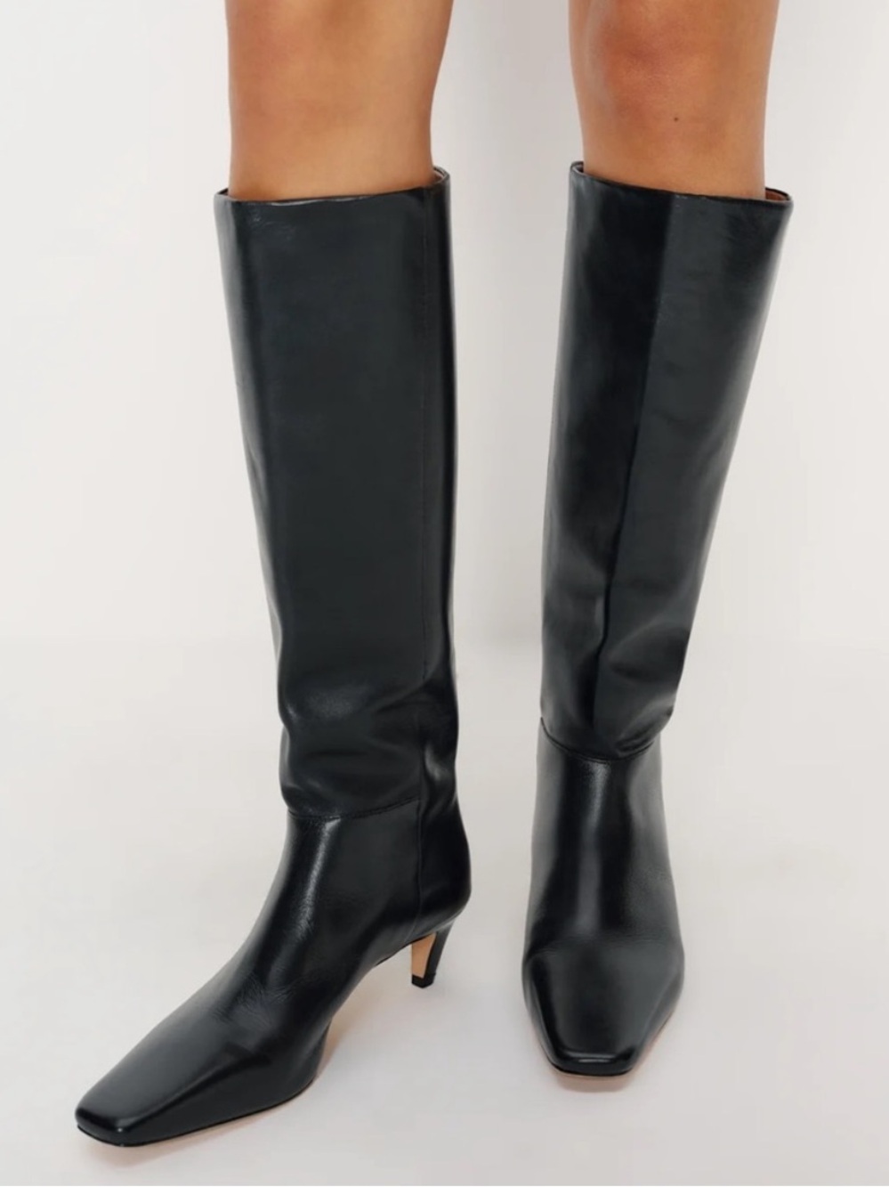 Reformation Remy Leather Knee-High Square-Toe Kitten Heel Boots in Black